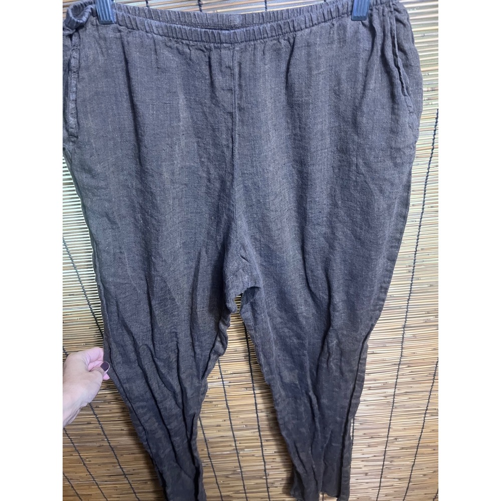 Flax 100% Linen Pants Brown Elastic Waist Pockets Tapered Trousers Small C28